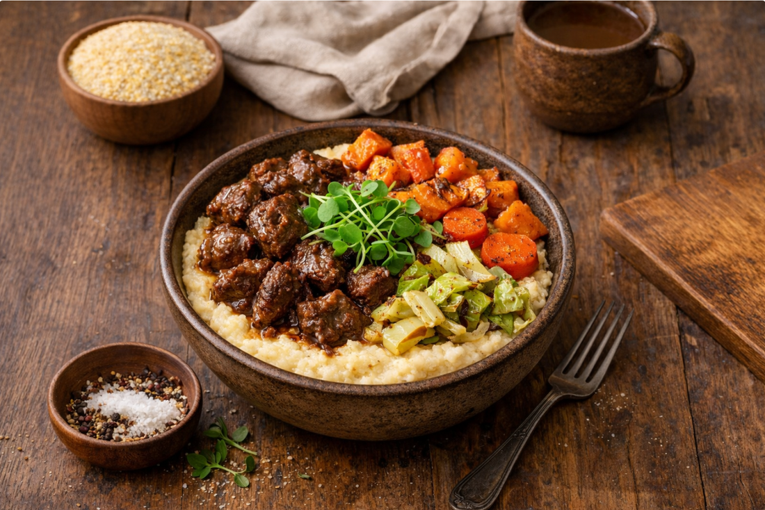 Cozy Winter Grits Bowl with Regenerative Beef & Roasted Root Veggies